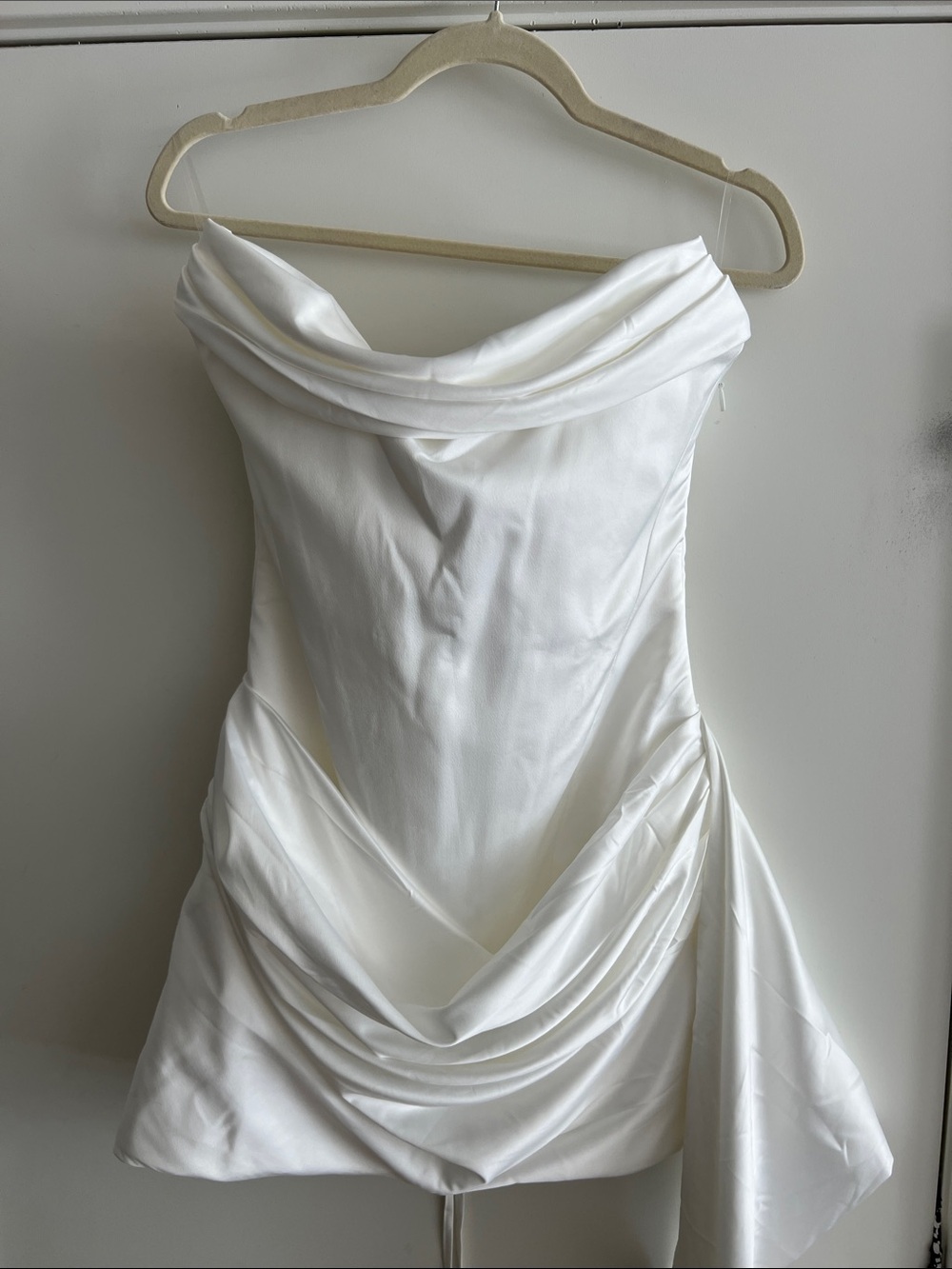 White Strapless Draped Mini Dress with Side Tail - Picture 2 of 10